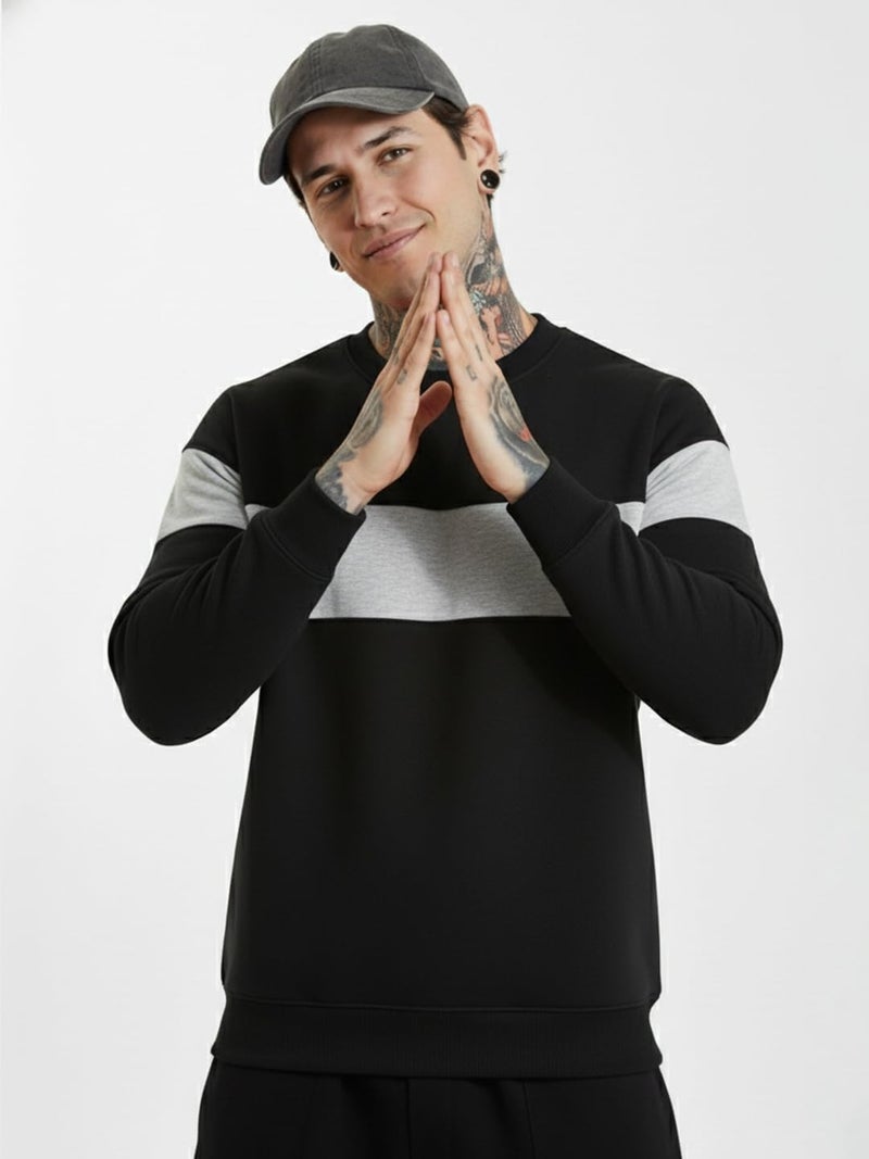 LEOTUDE Men's Regular Fit Round Neck Color Block Loopknit Sweatshirt(W11_Brown_P_Zblack_XL) Black-Grey - Image 3