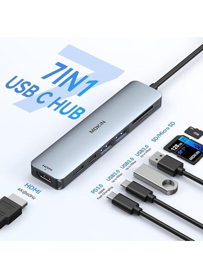 موكين موزع USB-C متعدد المنافذ 7 في 1 مع HDMI 4K 60Hz، نقل بيانات 5 جيجابت في الثانية، PD 3.0 100 واط، قارئ بطاقات SD/Micro SD، 2 منفذ USB 3.0 و 2 منفذ USB-C - Image 1