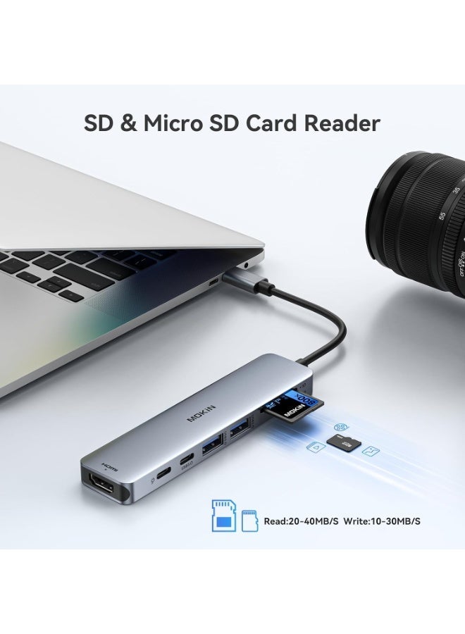 موكين موزع USB-C متعدد المنافذ 7 في 1 مع HDMI 4K 60Hz، نقل بيانات 5 جيجابت في الثانية، PD 3.0 100 واط، قارئ بطاقات SD/Micro SD، 2 منفذ USB 3.0 و 2 منفذ USB-C - Image 3