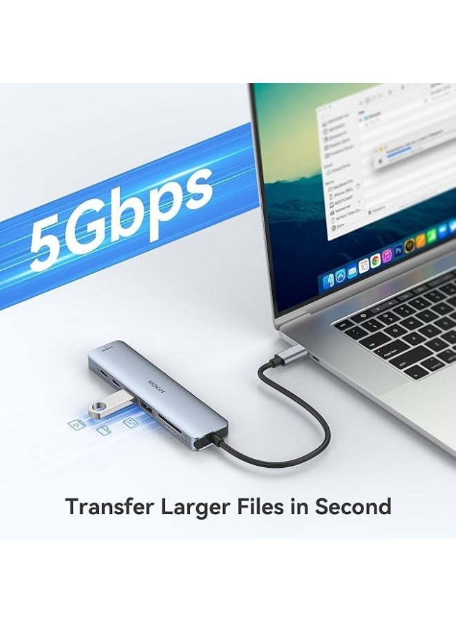 موكين موزع USB-C متعدد المنافذ 7 في 1 مع HDMI 4K 60Hz، نقل بيانات 5 جيجابت في الثانية، PD 3.0 100 واط، قارئ بطاقات SD/Micro SD، 2 منفذ USB 3.0 و 2 منفذ USB-C - Image 2