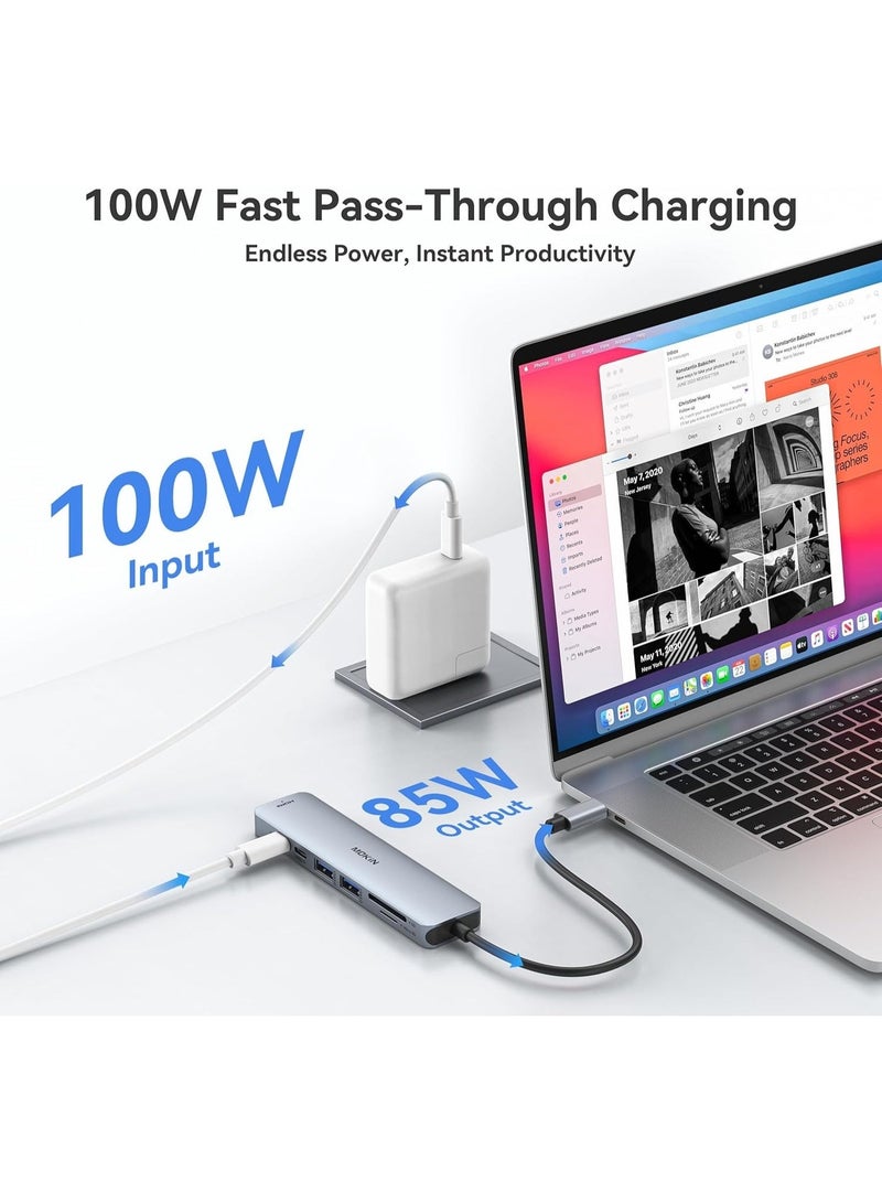 موكين موزع USB-C متعدد المنافذ 7 في 1 مع HDMI 4K 60Hz، نقل بيانات 5 جيجابت في الثانية، PD 3.0 100 واط، قارئ بطاقات SD/Micro SD، 2 منفذ USB 3.0 و 2 منفذ USB-C - Image 4