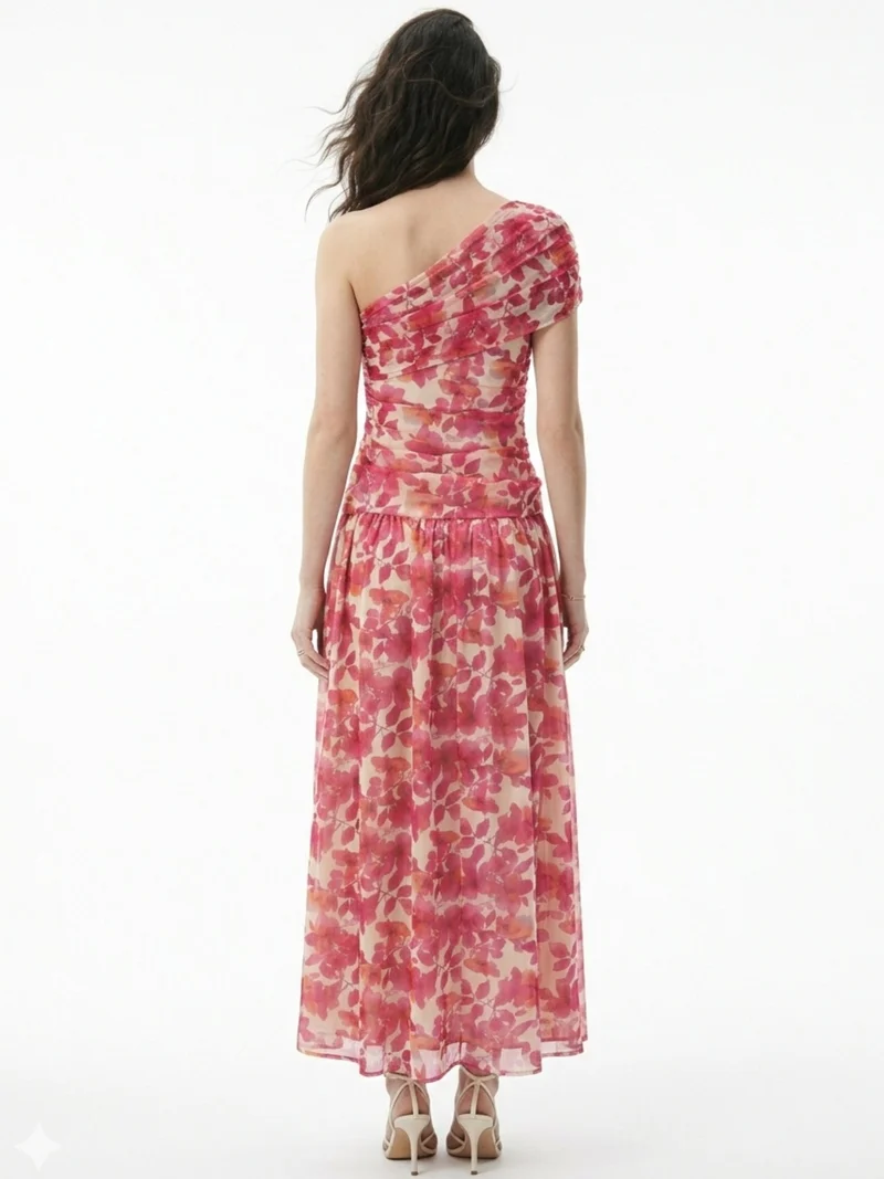 أوجيدر Pink Romantic Floral Print Bardot Dress With Delicate Ruffle Trim Detail