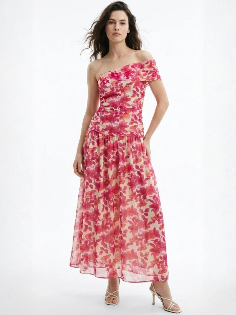 Outzidr  Pink Romantic Floral Print Bardot Dress With Delicate Ruffle Trim Detail for Women | Best Price UAE