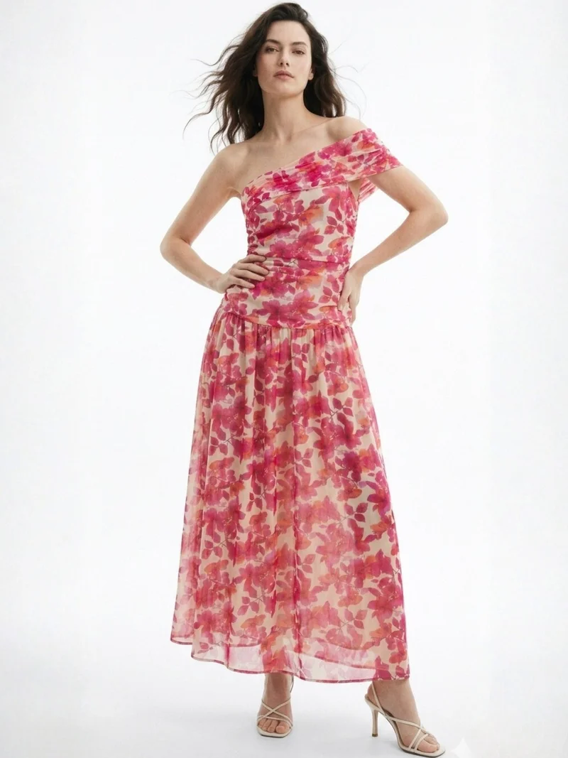 Pink Romantic Floral Print Bardot Dress With Delicate Ruffle Trim Detail