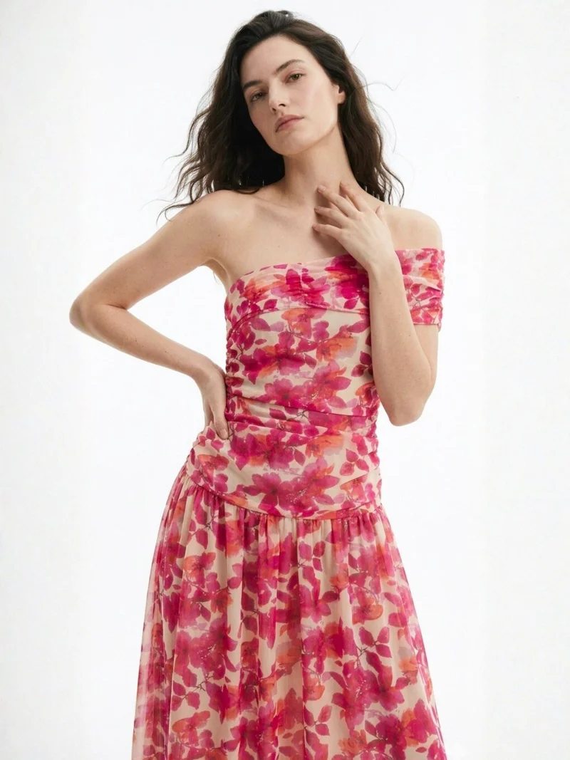 Outzidr  Pink Romantic Floral Print Bardot Dress With Delicate Ruffle Trim Detail for Women | Best Price UAE