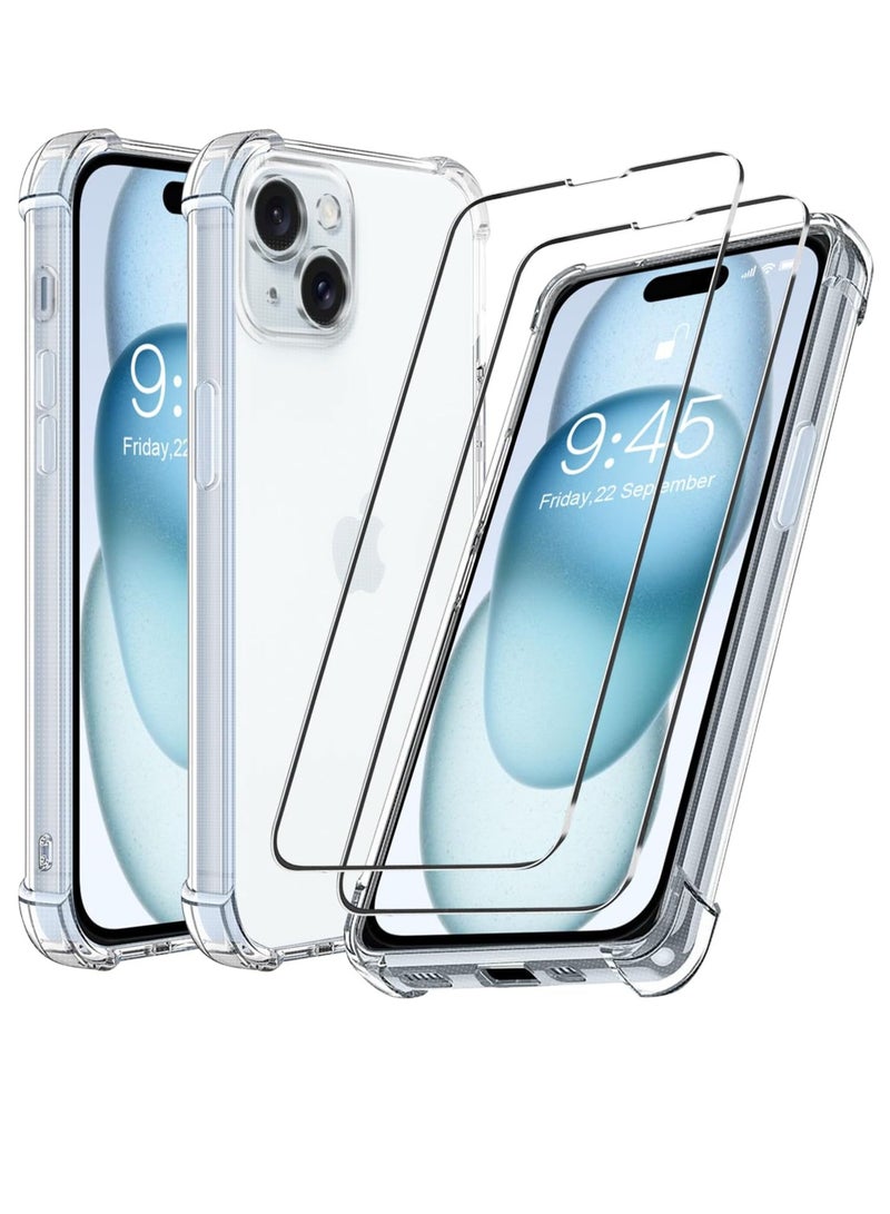 ELTRAZONE iPhone 15 Case and Screen Protector Kit - 2-Pack Tempered Glass with Soft TPU Shock-Absorption Transparent Cover, 6.1 Inch [3-in-1 Kit] - Image 1