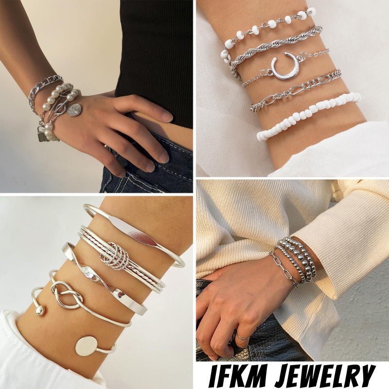IFKM 28pcs Silver Chain Bracelets Set for Women 14K Gold Plated Multiple Layered Stackable Open Cuff Bangle Bracelet Bracelets Adjustable Link Tennis Beads Italian Cuban Jewelry for Women Gift - Image 3