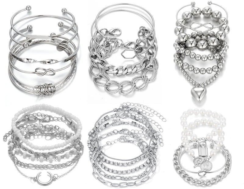 IFKM 28pcs Silver Chain Bracelets Set for Women 14K Gold Plated Multiple Layered Stackable Open Cuff Bangle Bracelet Bracelets Adjustable Link Tennis Beads Italian Cuban Jewelry for Women Gift - Image 1