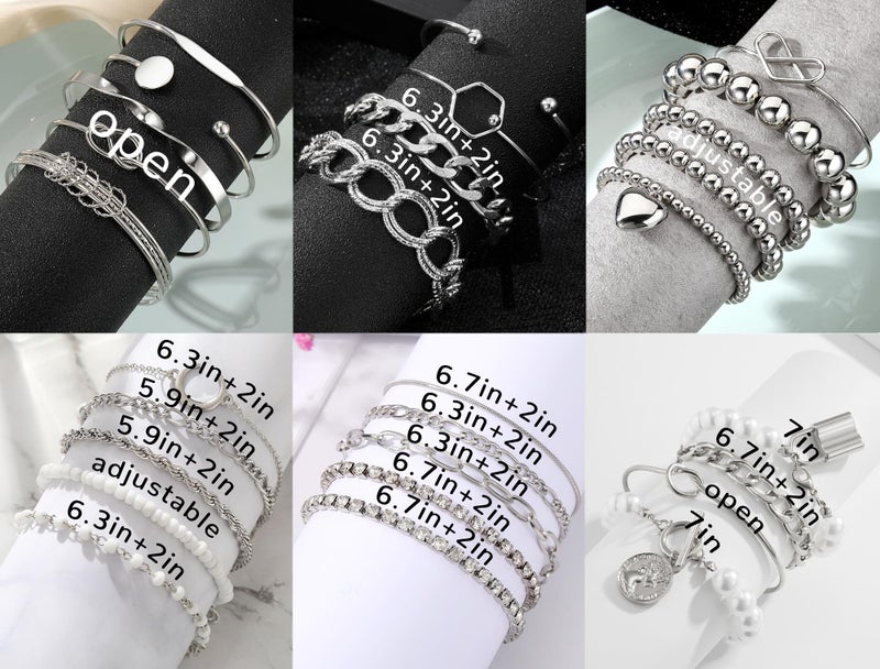 IFKM 28pcs Silver Chain Bracelets Set for Women 14K Gold Plated Multiple Layered Stackable Open Cuff Bangle Bracelet Bracelets Adjustable Link Tennis Beads Italian Cuban Jewelry for Women Gift - Image 5