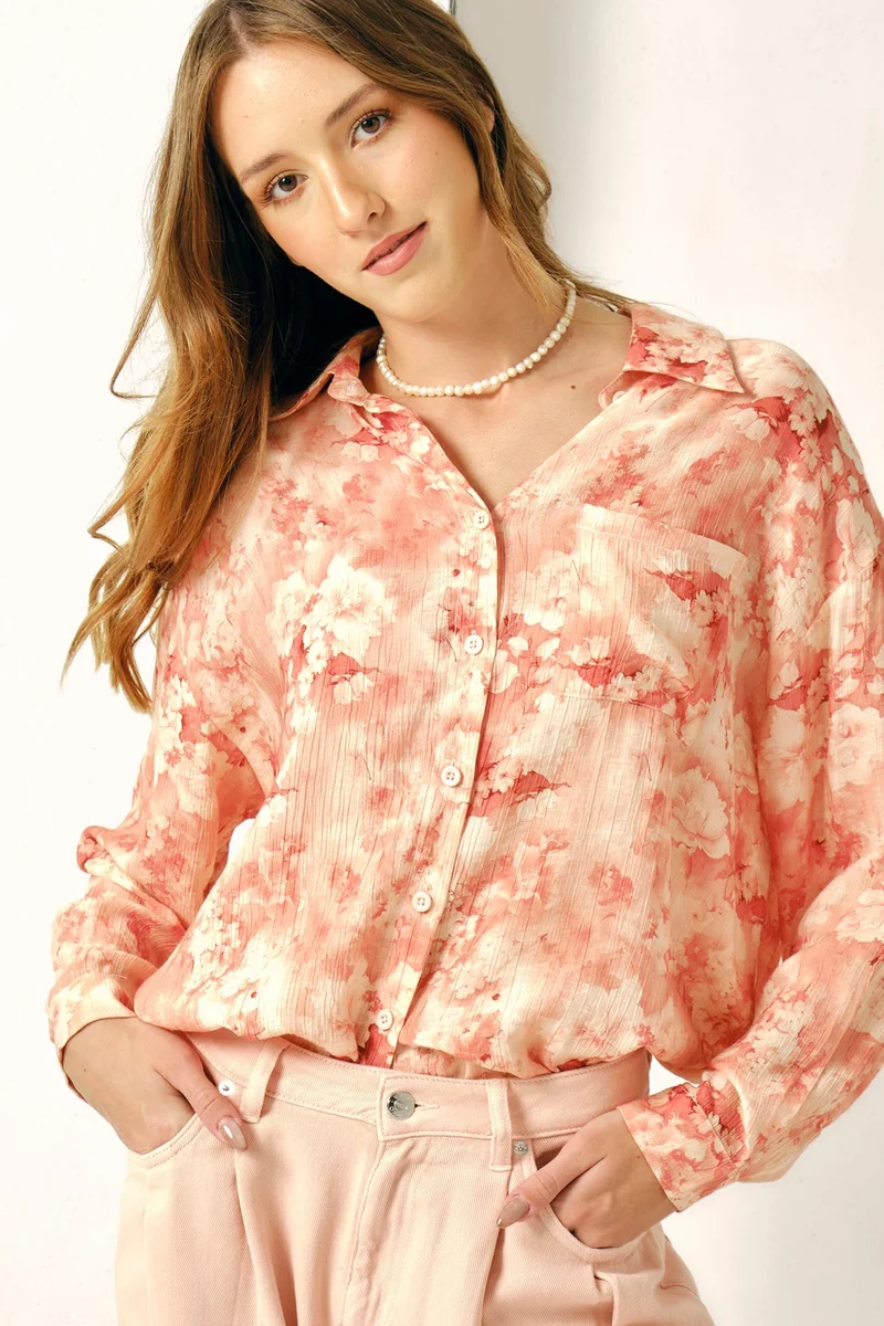 Virgio  Virgio Women Viscose Shirt Collar Regular Length Floral Regular Sleeves Top for Women | Best Price UAE