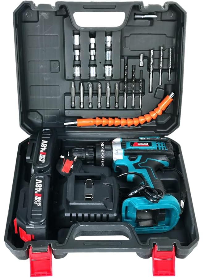 إيروريكس طقم أدوات كهربائية للمثقاب اللاسلكي 48 فولت مع محرك 700 وات وعزم دوران 32 نيوتن متر ومقبض 10 مم وسرعة متغيرة وبطاريتين، مثالي للاستخدام المنزلي والمهني - Image 1