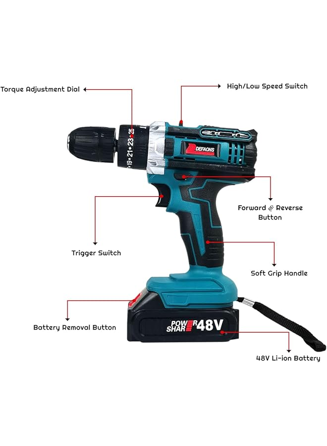 إيروريكس طقم أدوات كهربائية للمثقاب اللاسلكي 48 فولت مع محرك 700 وات وعزم دوران 32 نيوتن متر ومقبض 10 مم وسرعة متغيرة وبطاريتين، مثالي للاستخدام المنزلي والمهني - Image 5