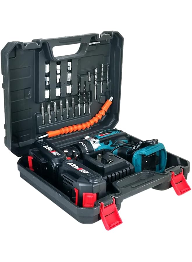 إيروريكس طقم أدوات كهربائية للمثقاب اللاسلكي 48 فولت مع محرك 700 وات وعزم دوران 32 نيوتن متر ومقبض 10 مم وسرعة متغيرة وبطاريتين، مثالي للاستخدام المنزلي والمهني - Image 2