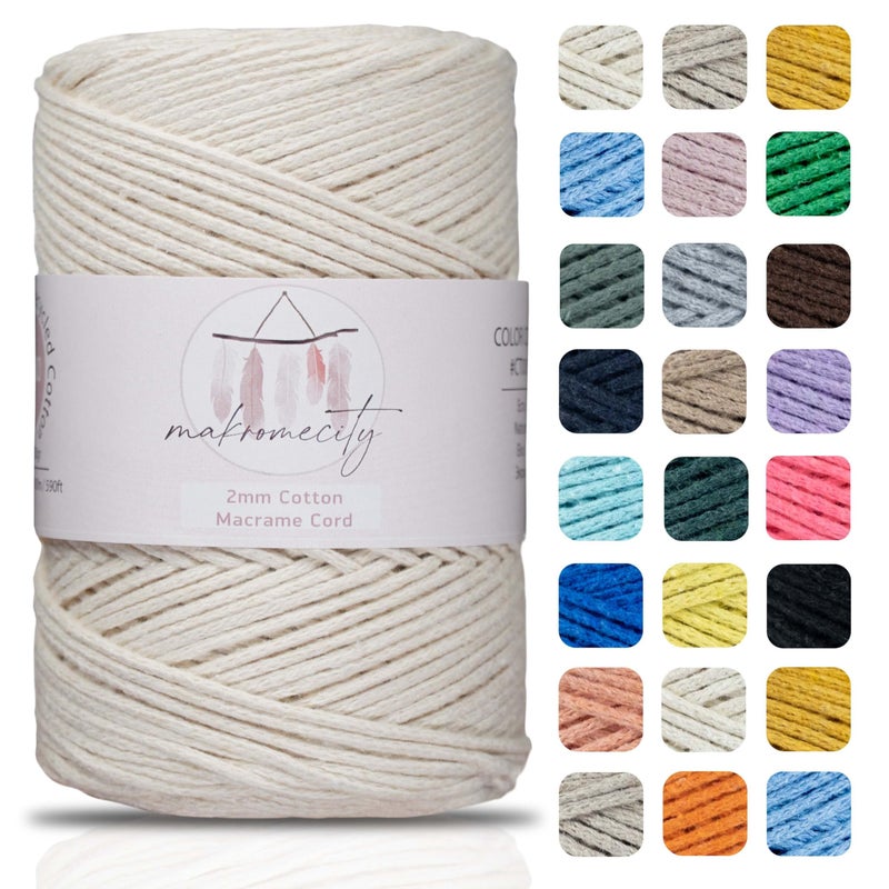 Makromecity, Cotton Macrame Cord 2mm x 195 Yards (590 feet) 2mm Recycled Cotton Crochet Yarn for Macrame Art & Crafts for Wall Hangings, Bags, Underplate, Rug (25 Colors Available) (Ecru) - Image 1