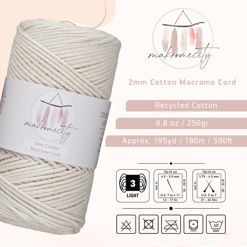 Makromecity, Cotton Macrame Cord 2mm x 195 Yards (590 feet) 2mm Recycled Cotton Crochet Yarn for Macrame Art & Crafts for Wall Hangings, Bags, Underplate, Rug (25 Colors Available) (Ecru) - Image 2