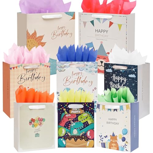 UOKHO Birthday Gift Bag with Handle and Tissue Paper 8 Pcs Reusable Gift Bags Assorted Sizes and Designs Large Medium Small Size Birthday Gift Bag for Kids Women Men 1513 9 - Image 1