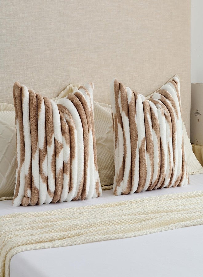 FUTEI Brown Decorative Throw Pillow Covers 18x18 Inch Set of 2, Soft Tie-Dye Faux Rabbit Fur Striped Texture Cushion Case, Modern Home Decor for Couch Bed Living Room - Image 5