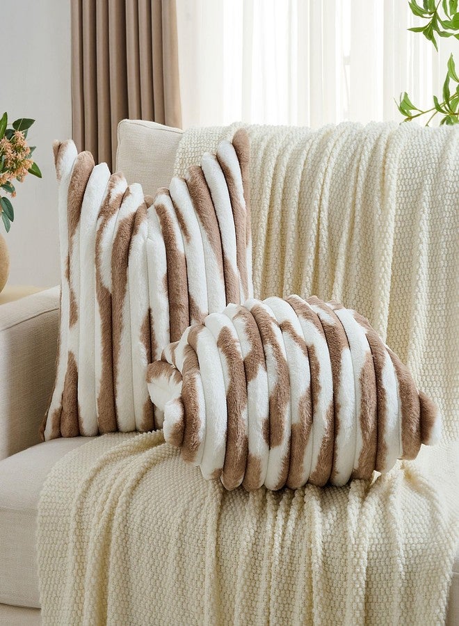 FUTEI Brown Decorative Throw Pillow Covers 18x18 Inch Set of 2, Soft Tie-Dye Faux Rabbit Fur Striped Texture Cushion Case, Modern Home Decor for Couch Bed Living Room - Image 4