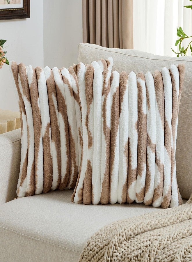 FUTEI Brown Decorative Throw Pillow Covers 18x18 Inch Set of 2, Soft Tie-Dye Faux Rabbit Fur Striped Texture Cushion Case, Modern Home Decor for Couch Bed Living Room - Image 1