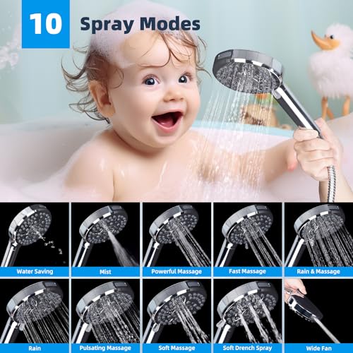 Hibbent All Metal 10'' Dual Filtered Rainfall Shower Head Combo, High Pressure Handheld Shower Head with 12'' Adjustable Curved Extension Arm, 20 Stage Shower Filter, 10-spray, 71'' Hose, Chrome - Image 2