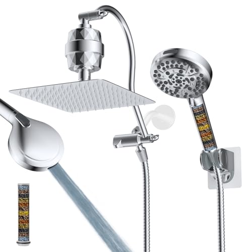 Hibbent All Metal 10'' Dual Filtered Rainfall Shower Head Combo, High Pressure Handheld Shower Head with 12'' Adjustable Curved Extension Arm, 20 Stage Shower Filter, 10-spray, 71'' Hose, Chrome - Image 1