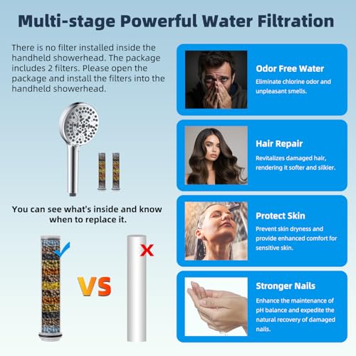 Hibbent All Metal 10'' Dual Filtered Rainfall Shower Head Combo, High Pressure Handheld Shower Head with 12'' Adjustable Curved Extension Arm, 20 Stage Shower Filter, 10-spray, 71'' Hose, Chrome - Image 5