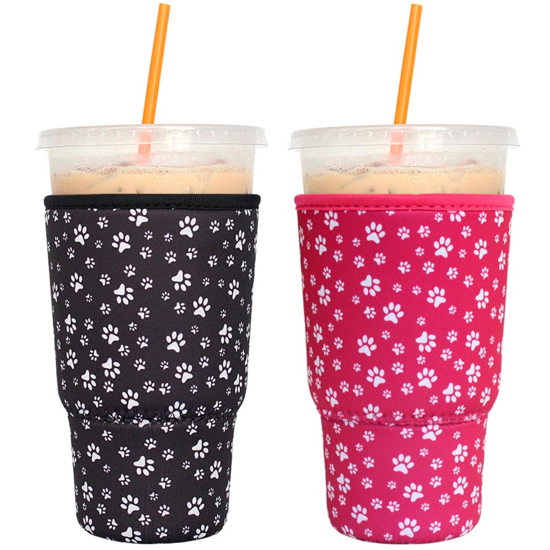 FRRIOTN 2 Pack Reusable Iced Coffee Sleeves FRRIOTN Insulator Sleeve for Large Size Cold Beverages Neoprene Coffee Cup Holder Paw print Large 32oz