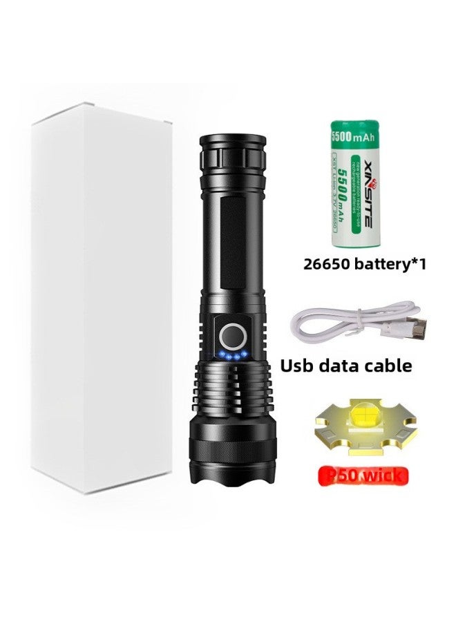 Aluminum Alloy XHPp50 Flashlight Telescopic Zoom USB Rechargeable Outdoor Waterproof Flashlight Wholesale-Color:P50 Flashlight + USB +26650 Lithium Battery  - Image 1