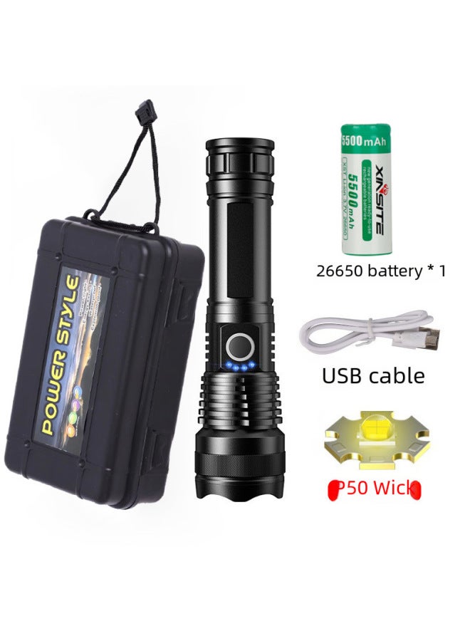 Aluminum Alloy XHPp50 Flashlight Telescopic Zoom USB Rechargeable Outdoor Waterproof Flashlight Wholesale-Color:P50 Flashlight + USB +26650 Lithium Battery  - Image 5