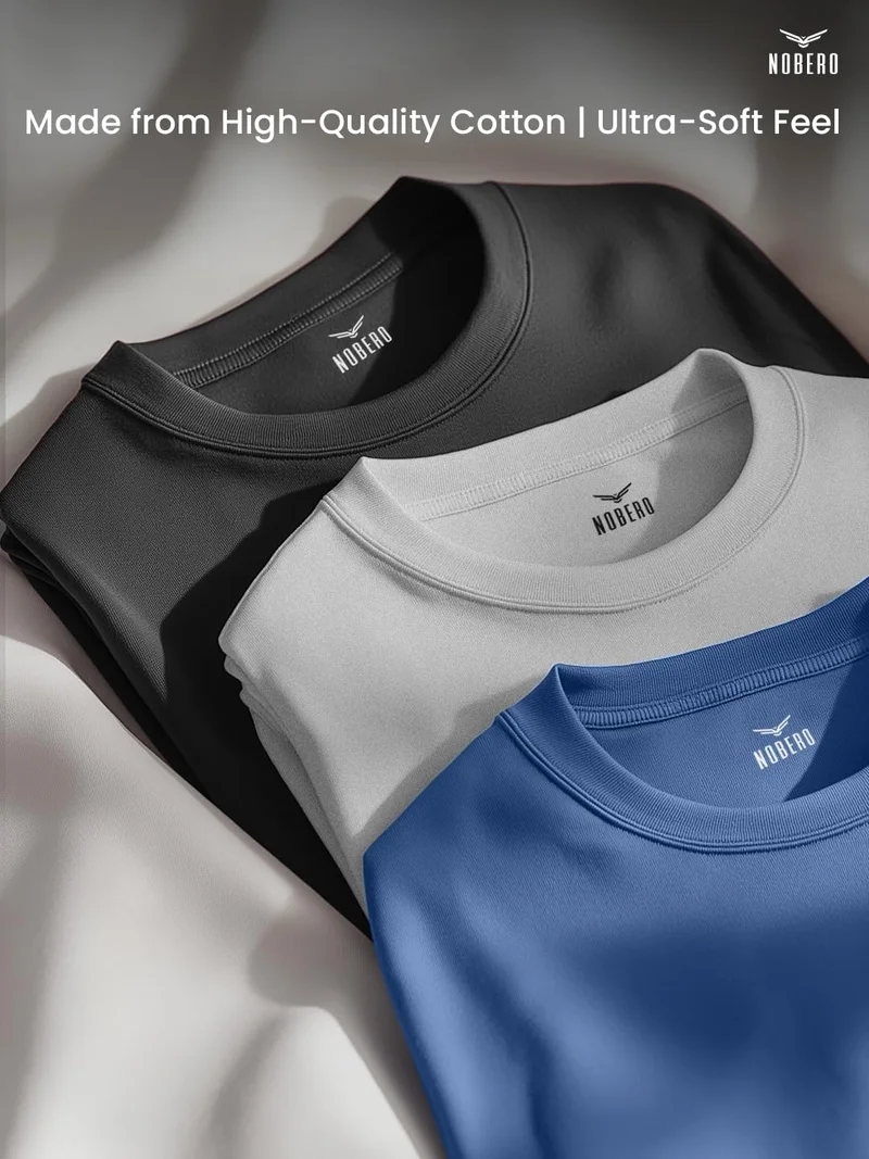 NOBERO Men's Solid Cotton T-Shirt Pack of 3