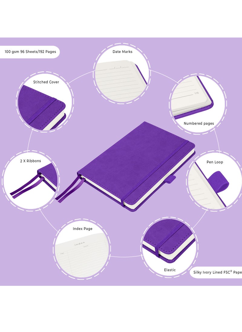 Pocket Notebook,2 Pack Small Notebook with Pen,A6 Size Journal Hardcover Notebook,3.7”x5.5” Mini Notepad 100Gsm Thick Paper for Office,School (160 Pages,Purple)