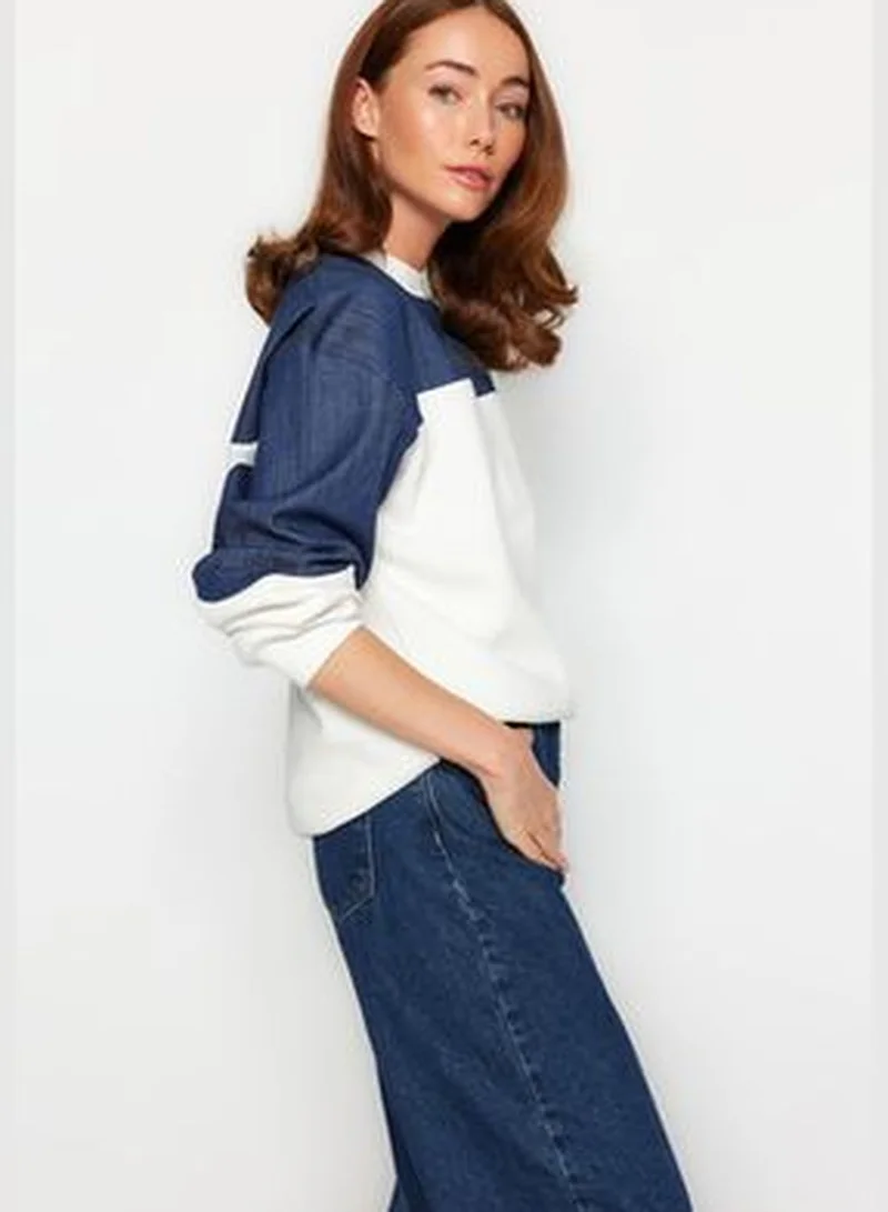 trendyol Thick Ecru, Fleece Inside, Denim Detailed Balloon Sleeves Oversize/Cromatic Knitted Sweatshirt TWOAW24SW00204.