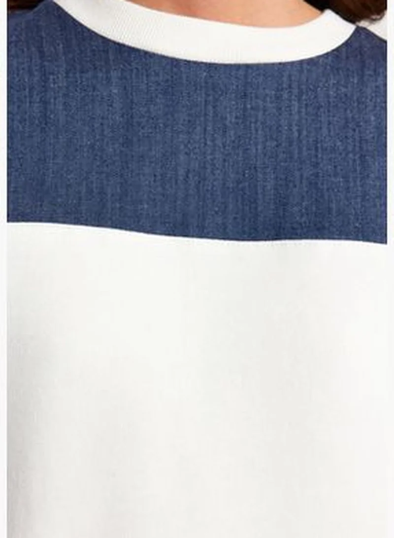 trendyol Thick Ecru, Fleece Inside, Denim Detailed Balloon Sleeves Oversize/Cromatic Knitted Sweatshirt TWOAW24SW00204.