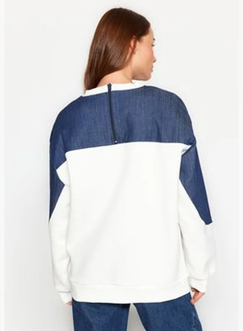 trendyol Thick Ecru, Fleece Inside, Denim Detailed Balloon Sleeves Oversize/Cromatic Knitted Sweatshirt TWOAW24SW00204.