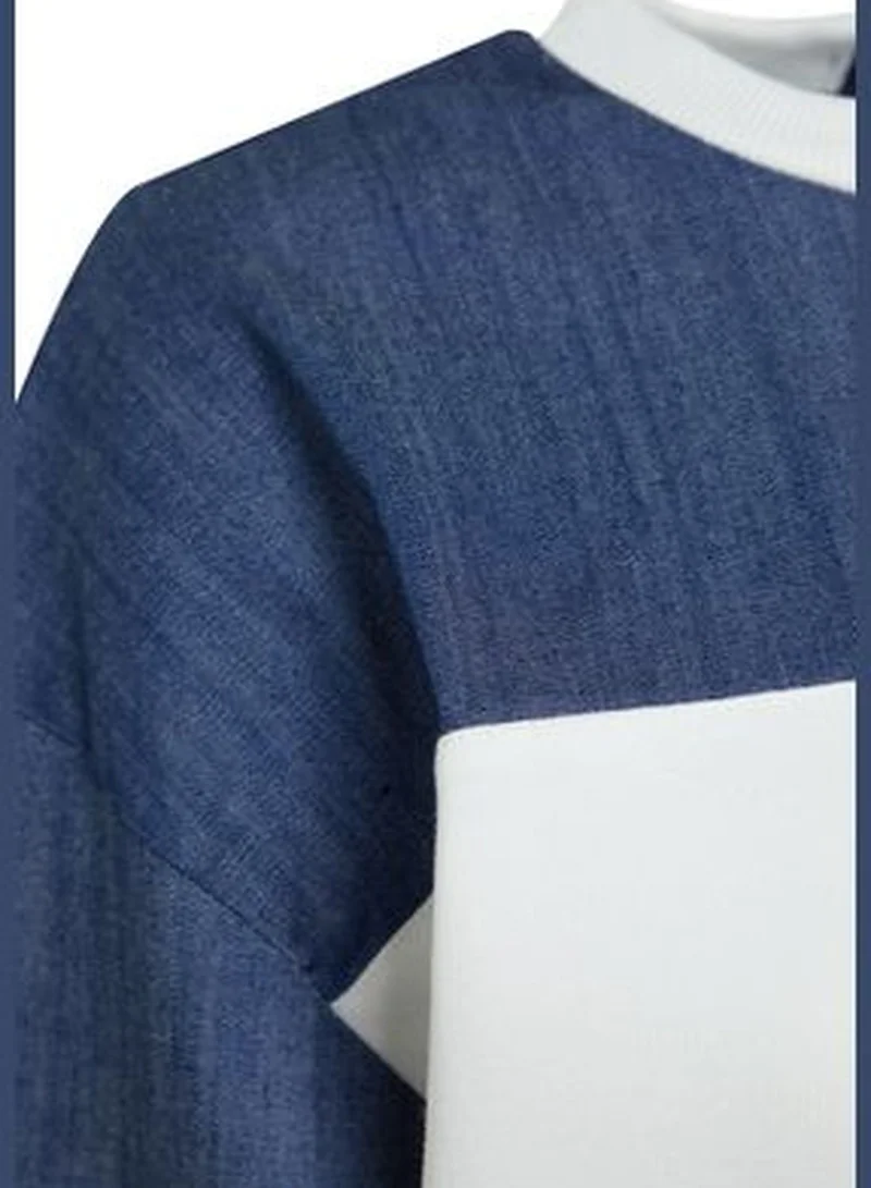trendyol Thick Ecru, Fleece Inside, Denim Detailed Balloon Sleeves Oversize/Cromatic Knitted Sweatshirt TWOAW24SW00204.