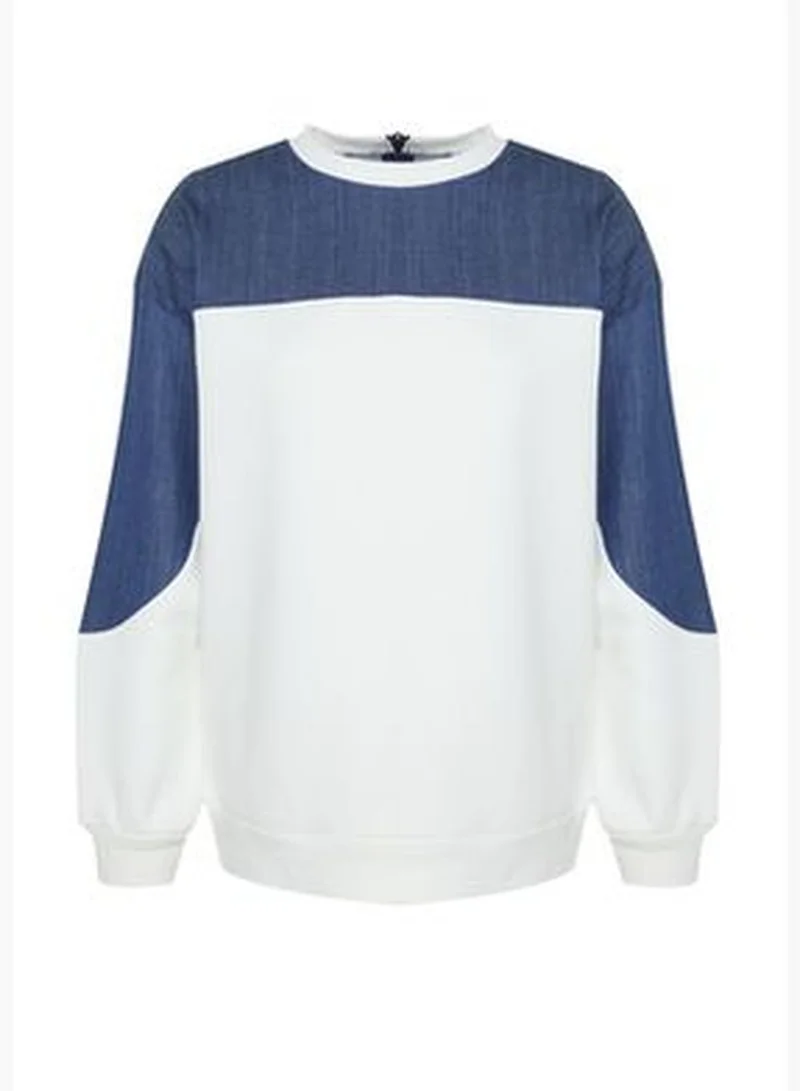 trendyol Thick Ecru, Fleece Inside, Denim Detailed Balloon Sleeves Oversize/Cromatic Knitted Sweatshirt TWOAW24SW00204.