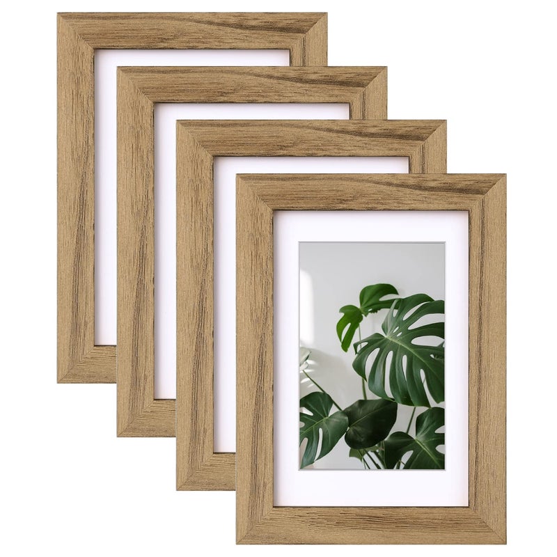 EGOFINE 6x4 Photo Frames Set of 4 100 Solid Wood Frames with Acrylic Glass Display Pictures 5x35 with Mat or 6x4 Without Mat for Tabletop and Wall Mounting Carbonized Brown