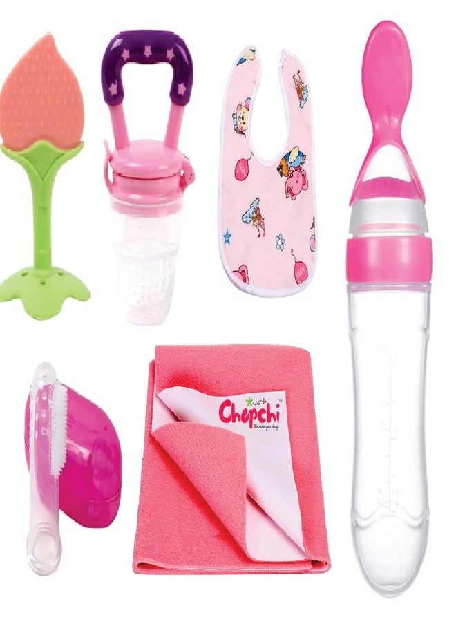 Chopchi Combo of 6 Item- Baby Pacifier 1 Pcs, Silicone Spoon 90ML 1 Pcs,Teether 1 Pcs,Finger Brush 1 Pcs, Salmon Rose Dry Sheet Small Size 50x70cm 1 Pcs, Baby bib 1 Pcs (Pink Set) - Image 1
