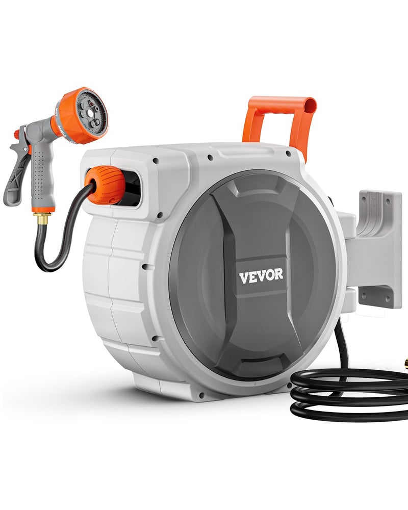 VEVOR Retractable Garden Hose Reel 12 Inch x 65 ft Wall Mounted Heavy Duty Garden Hose Reel with 9 Patterns Nozzle Any Length Lock Upgraded Slow Return System and 180Swivel Bracket - Image 2