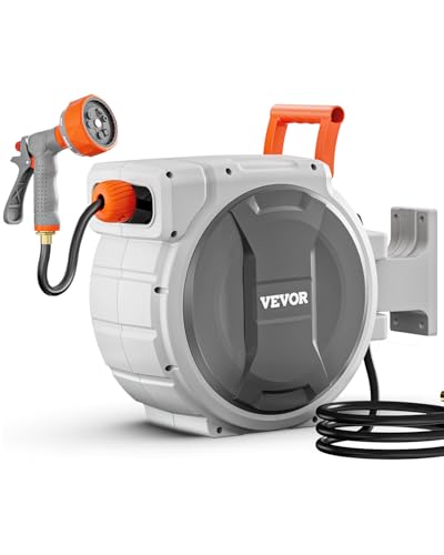 VEVOR Retractable Garden Hose Reel 12 Inch x 65 ft Wall Mounted Heavy Duty Garden Hose Reel with 9 Patterns Nozzle Any Length Lock Upgraded Slow Return System and 180Swivel Bracket - Image 1