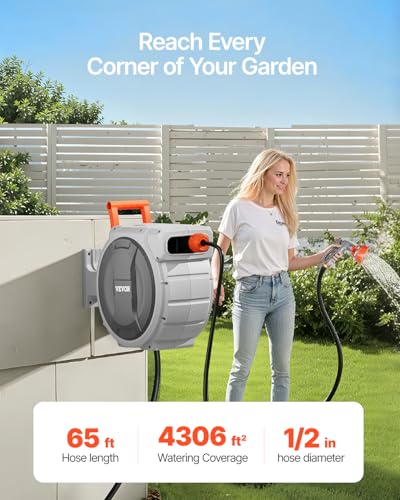 VEVOR Retractable Garden Hose Reel 12 Inch x 65 ft Wall Mounted Heavy Duty Garden Hose Reel with 9 Patterns Nozzle Any Length Lock Upgraded Slow Return System and 180Swivel Bracket - Image 3