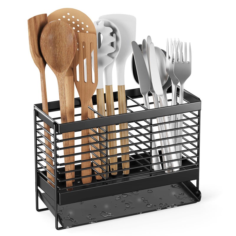 IWNTWY Utensil Holder Upgrade Stainless Steel Utensil Drying Rack with Automatic Drain Tray for Kitchen Counter Silverware Cutlery Organizer for Spoons Forks Knifes Chopsticks Black - Image 2