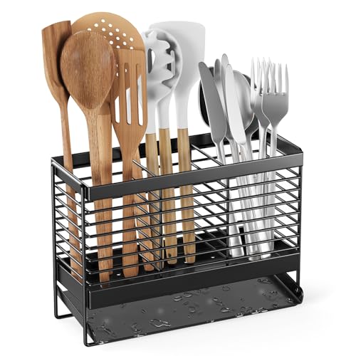IWNTWY Utensil Holder Upgrade Stainless Steel Utensil Drying Rack with Automatic Drain Tray for Kitchen Counter Silverware Cutlery Organizer for Spoons Forks Knifes Chopsticks Black - Image 1
