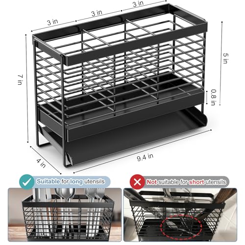 IWNTWY Utensil Holder Upgrade Stainless Steel Utensil Drying Rack with Automatic Drain Tray for Kitchen Counter Silverware Cutlery Organizer for Spoons Forks Knifes Chopsticks Black - Image 3