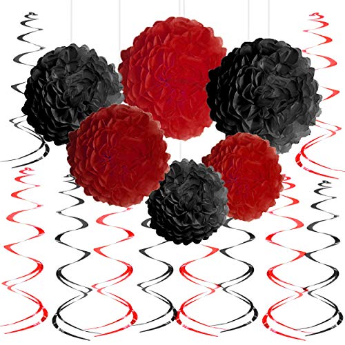 AWESON PARTY Black Red Casino Game Night Party Hanging Decorations - Viva Las Vegas Baby Shower Birthday Party Foil Swirls Tissue Paper Pom Poms Flowers Wedding Party Ceiling Hangings Decorations, 20Ct - Image 1
