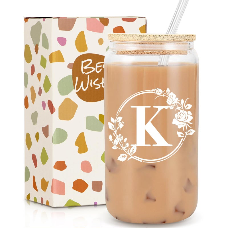 Frerdui Birthday Gifts for Women Monogrammed Initial Glass Cup Personalized Gifts for Women 16oz Glass Cups with Lids and Straws Iced Coffee Cup Beer Can Shaped Gift for Christmas Birthday K