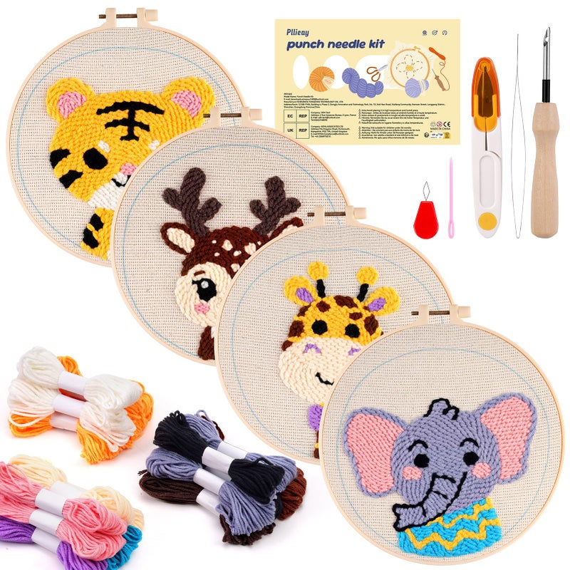 Pllieay 4 Sets Punch Needle Kits  Punch Needle Embroidery Kits For Beginner With Animal Pattern  Punch Needle Tool Including Pre-Printed Cloth  Punch Needle  Hoops And Yarns - Image 1