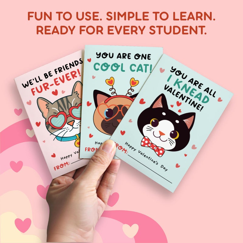 HUNIGIFT Cat Valentines Cards - 36 Packs Cat Valentines Card for Kids Classroom, School, Party Favors - Kitty Kitten Animal Valentines for Kids - 3.2''x 4.7'' Cats 6 Designs with Envelopes, Stickers - Image 3