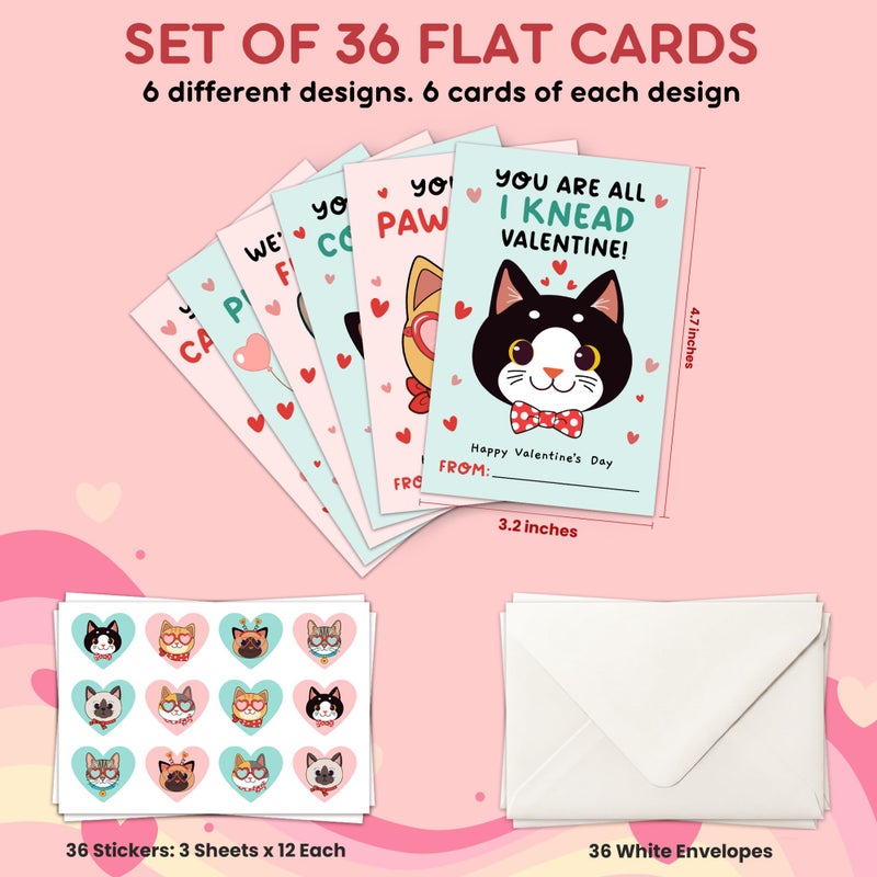 HUNIGIFT Cat Valentines Cards - 36 Packs Cat Valentines Card for Kids Classroom, School, Party Favors - Kitty Kitten Animal Valentines for Kids - 3.2''x 4.7'' Cats 6 Designs with Envelopes, Stickers - Image 2