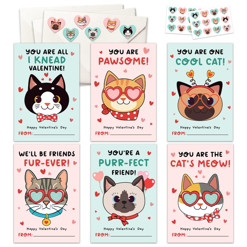 HUNIGIFT Cat Valentines Cards - 36 Packs Cat Valentines Card for Kids Classroom, School, Party Favors - Kitty Kitten Animal Valentines for Kids - 3.2''x 4.7'' Cats 6 Designs with Envelopes, Stickers - Image 1